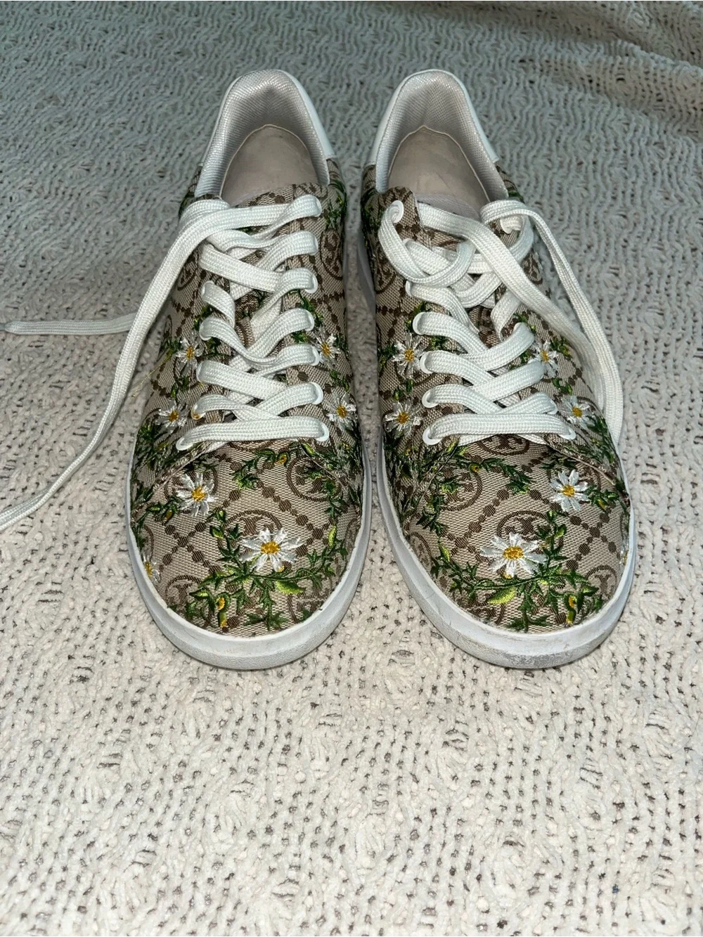 Tory Burch Beige Floral Logo Canvas Sneakers with White Trim